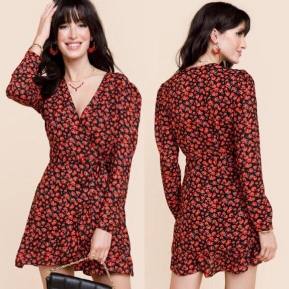 Francescas NWT Size Large Red/Black Kamilla Rose Floral Printed Wrap Mini Dress - Picture 1 of 11